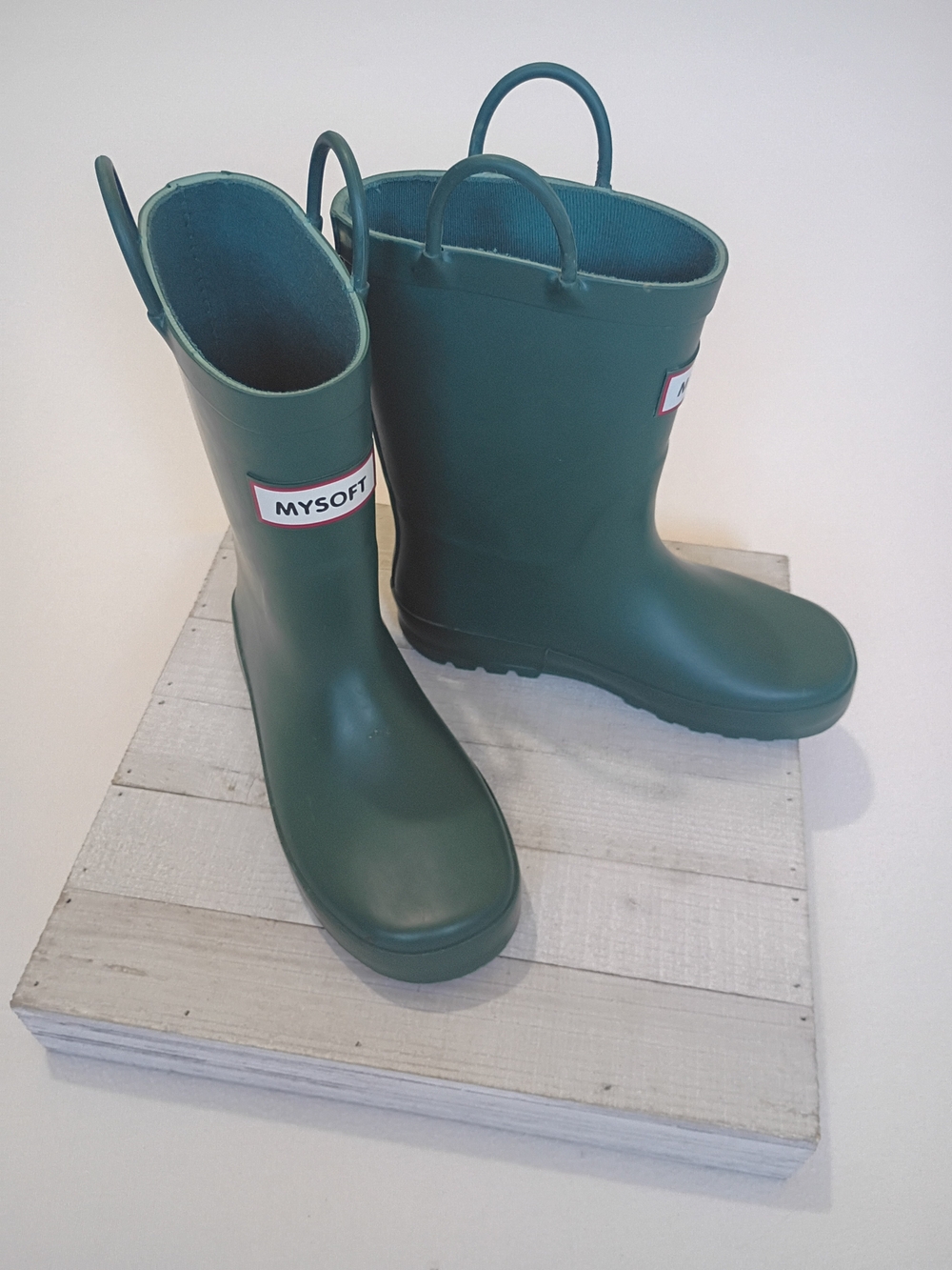 Kids My Soft Size 2 Waterproof Green Rain Boots with Easy Pull Handles